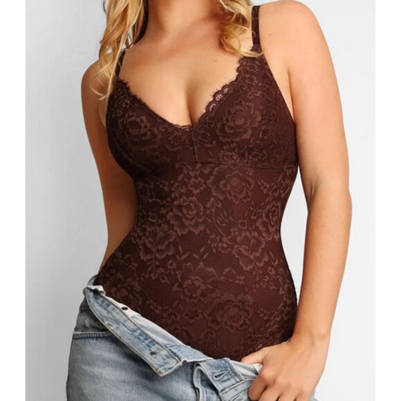Shapewear Firm Control Smoothing Full Lace Thong Bodysuit Brown L - Picture 4 of 5